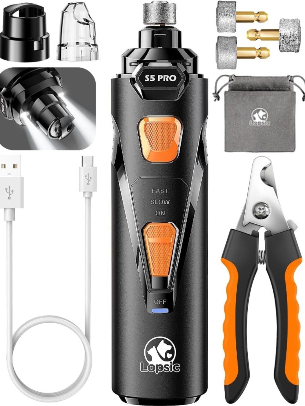 Dog Nail Grinder with 2 LED Lights Powerful 2 Speeds Super Quiet Dog Nail Trimme